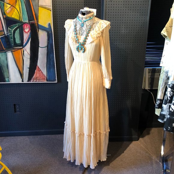 VTG 70s Candi Jones Gauze/Lace Boho Maxi Dress